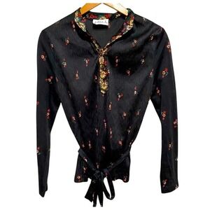 VTG Liz Roberts Inc Women's Black Floral Long Sleeve‎ Blouse Size 10